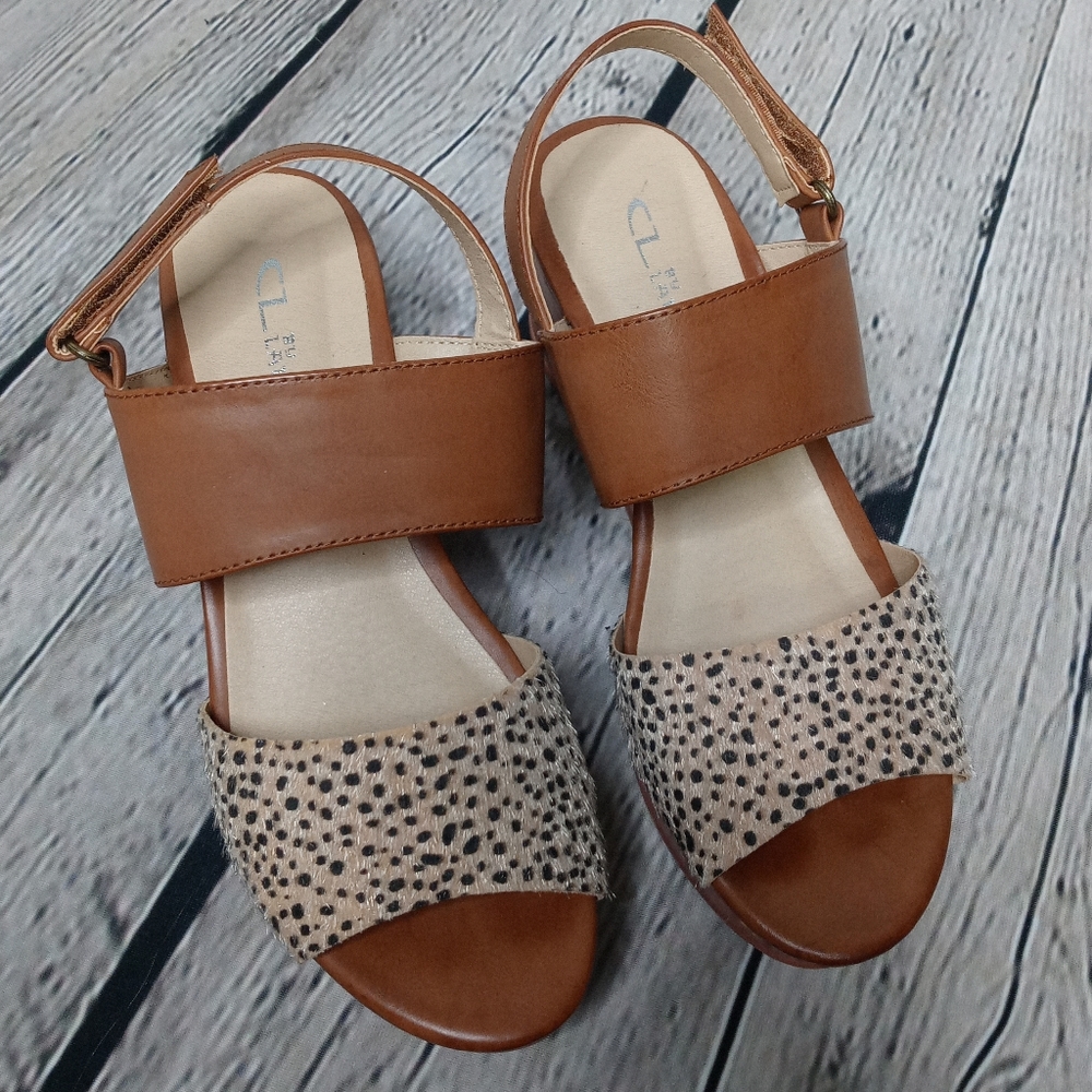 CL by Laundry Tan and Cream Leopard Print Wedge Sandals